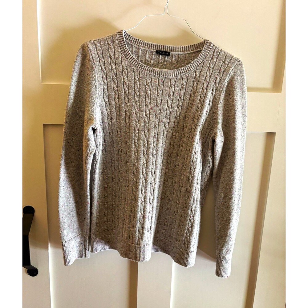 Talbots Women’s S Cable Knit Sweater Gray Speckled Cotton Blend Pullover